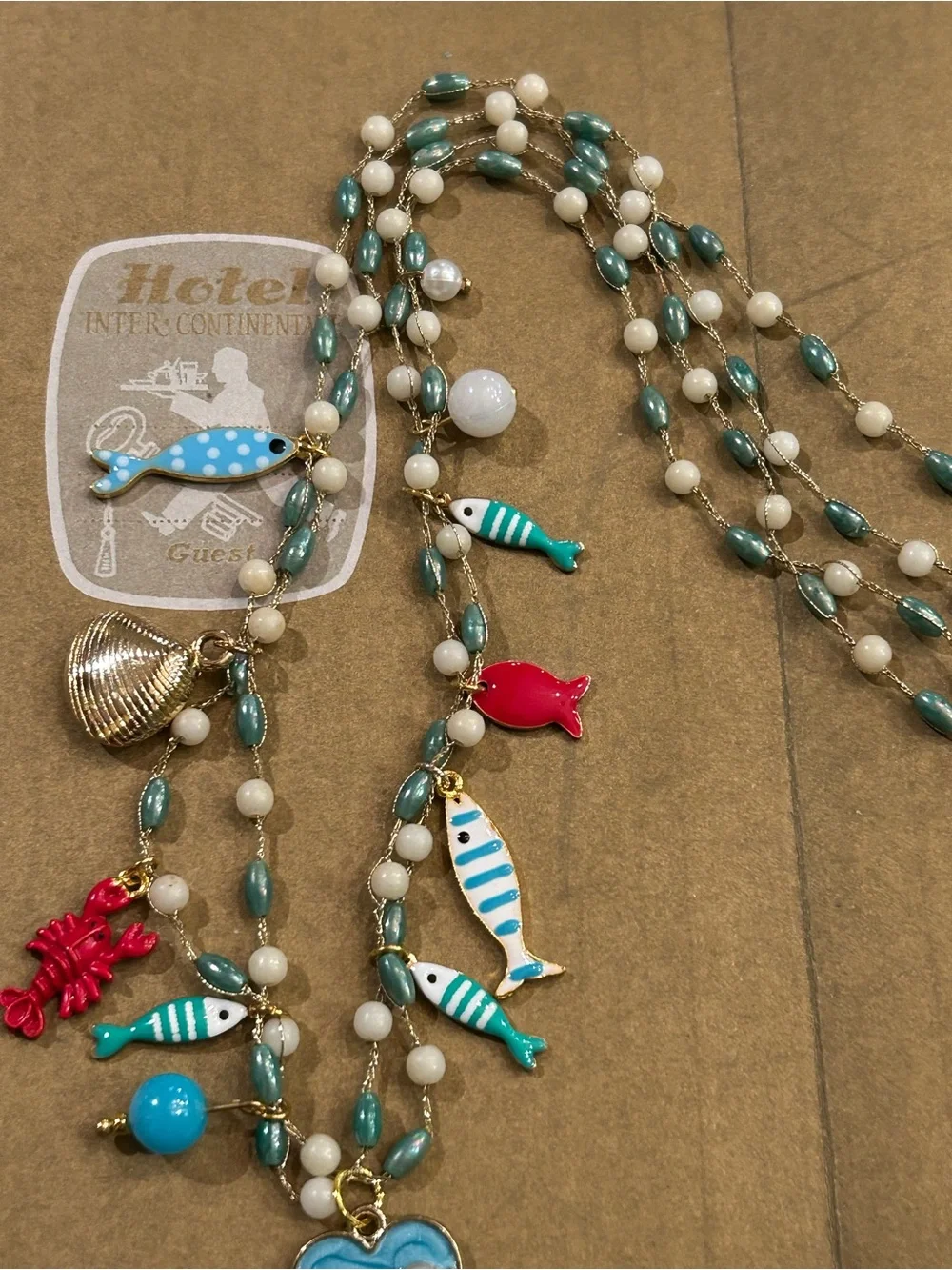 NWOT Necklace “1 Fish, 2 Fish, Red Fish…enamel Sea Life Charms, Aqua white beads